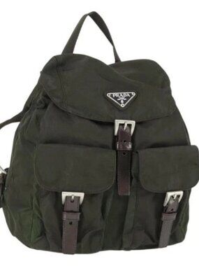 PRADA Backpack Nylon Khaki Silver Auth 168379